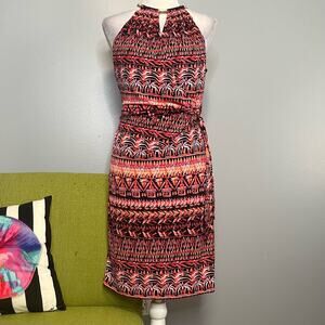 Jessica Simpson Coral Black Print Jersey Chain Neck Cocktail Sheath Dress 6